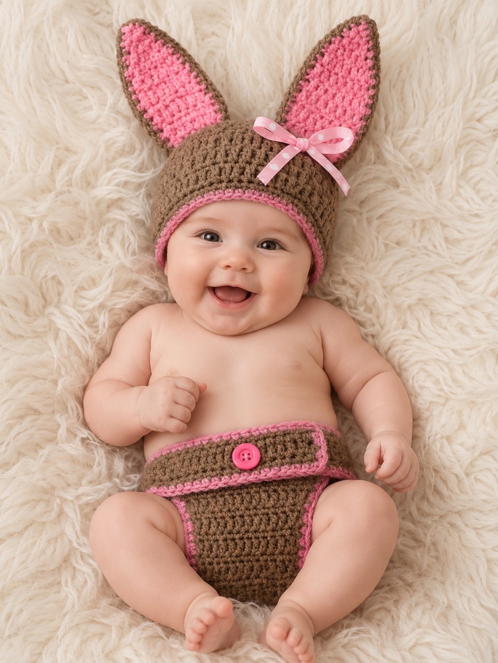 Handmade Crochet Bunny Diaper Cover & Ear Hat - Brown and Bright Pink